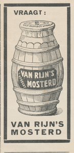 716031 Advertentie voor Van Rijn's Mosterd, geproduceerd bij de firma Van Rijn & Co., [Nieuwe Kade 12] in Wijk C te ...